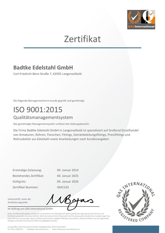ISO-Zertifikat Badtke Edelstahl 2025-26